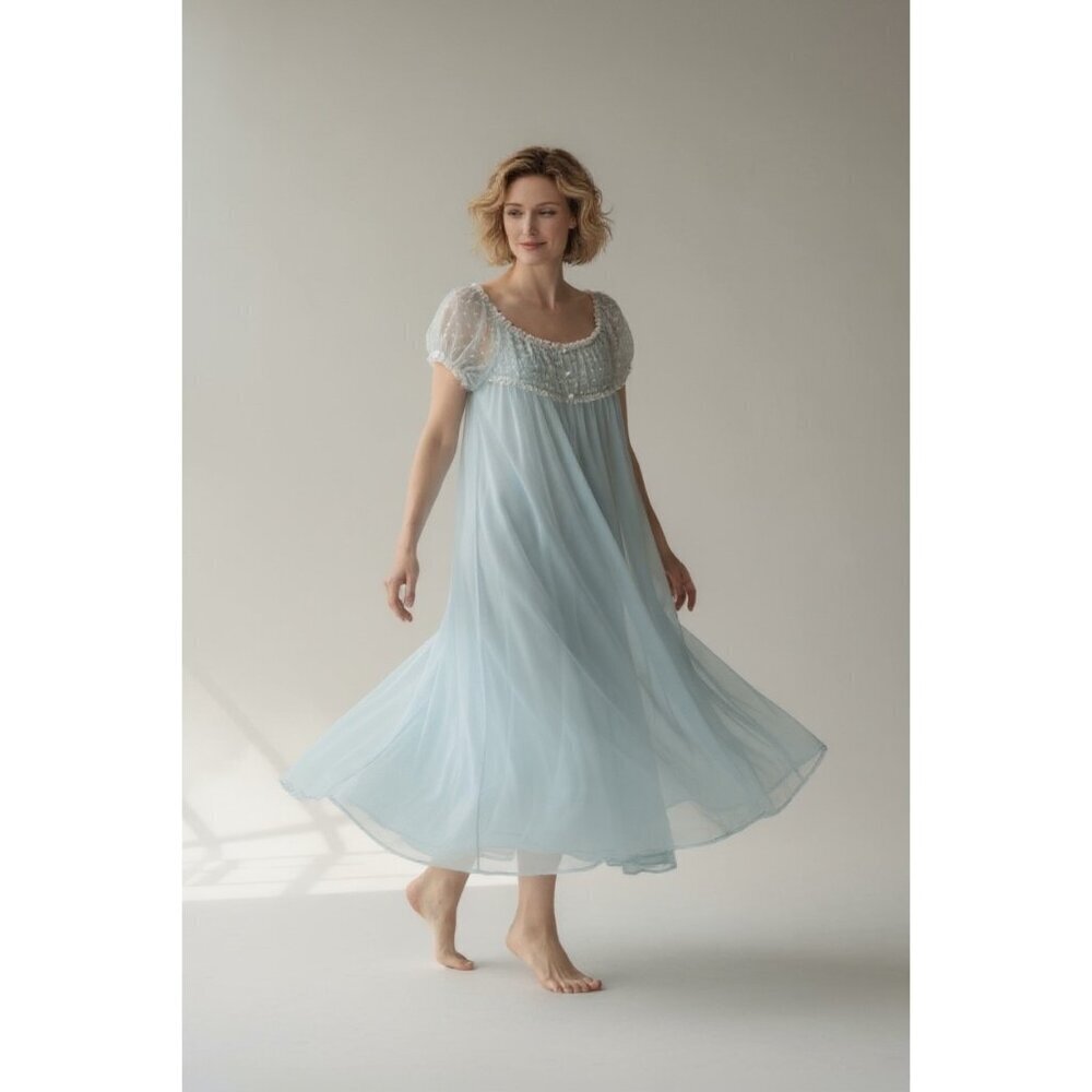 NOS Vintage 60's Vassarette Blue Nylon Chiffon Robe Nightgown Size 36 Full Sweep